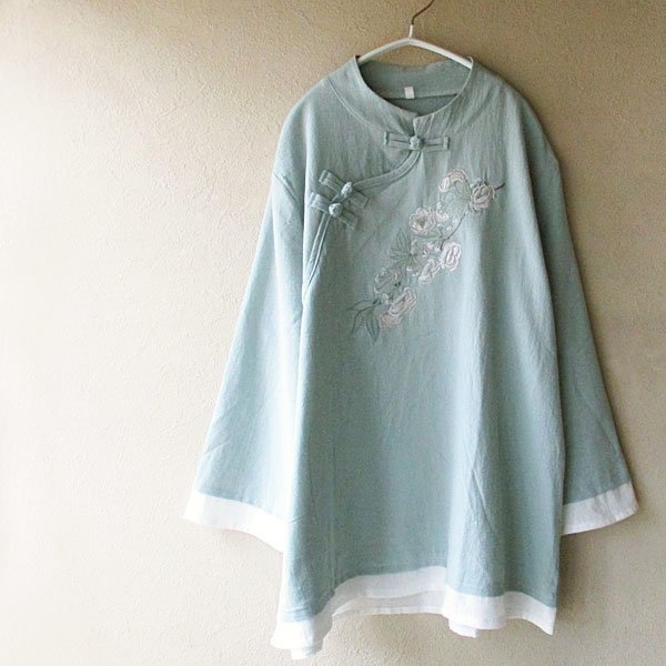 画像1: アイスグリーン刺繍チャイナ七分袖
