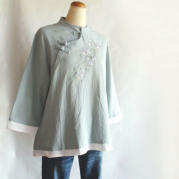 画像2: アイスグリーン刺繍チャイナ七分袖