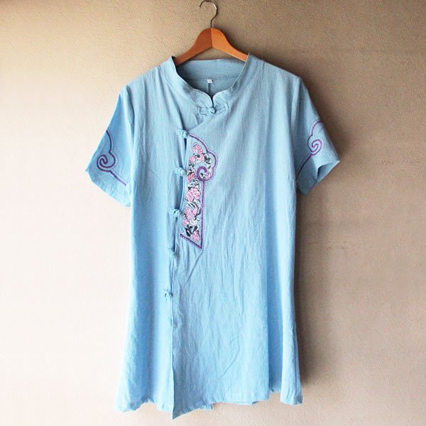 画像1: 水色刺繍チャイナ半袖チュニック