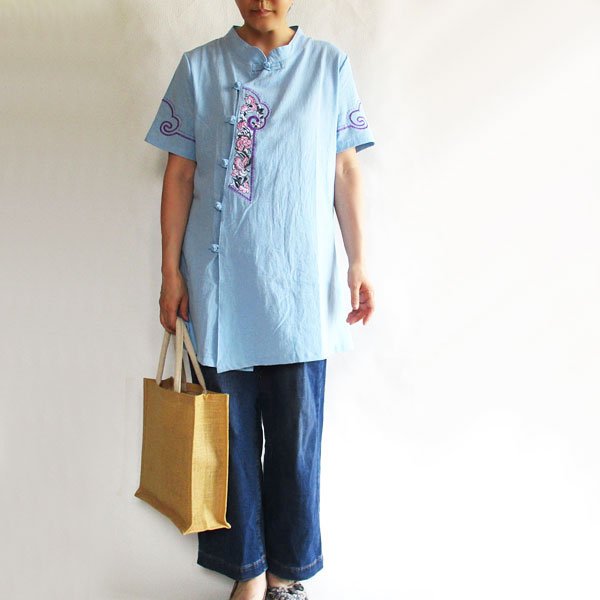 画像3: 水色刺繍チャイナ半袖チュニック
