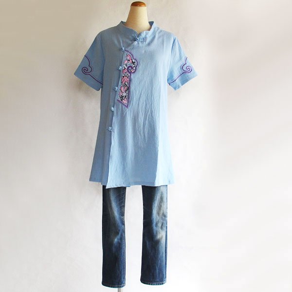 画像4: 水色刺繍チャイナ半袖チュニック