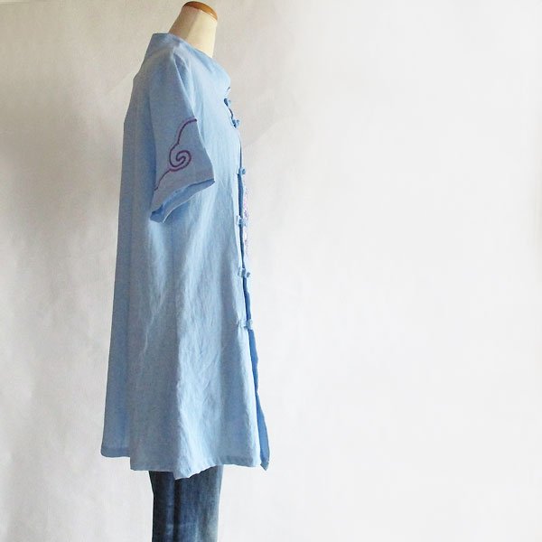 画像6: 水色刺繍チャイナ半袖チュニック