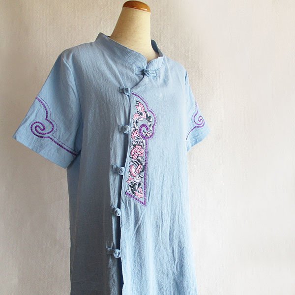 画像2: 水色刺繍チャイナ半袖チュニック
