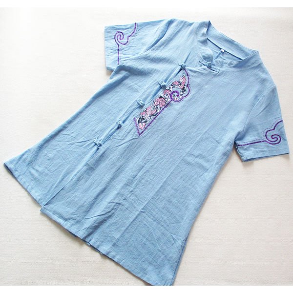 画像7: 水色刺繍チャイナ半袖チュニック
